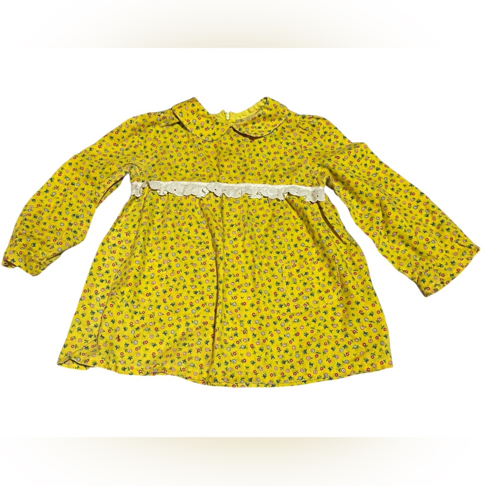 Vintage Yellow Floral Cotton Long Sleeve Girls Dress